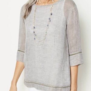 Pure J.Jill Perfect Relaxed Airy Weave Top M Washed Olive Linen Sheer Lattice